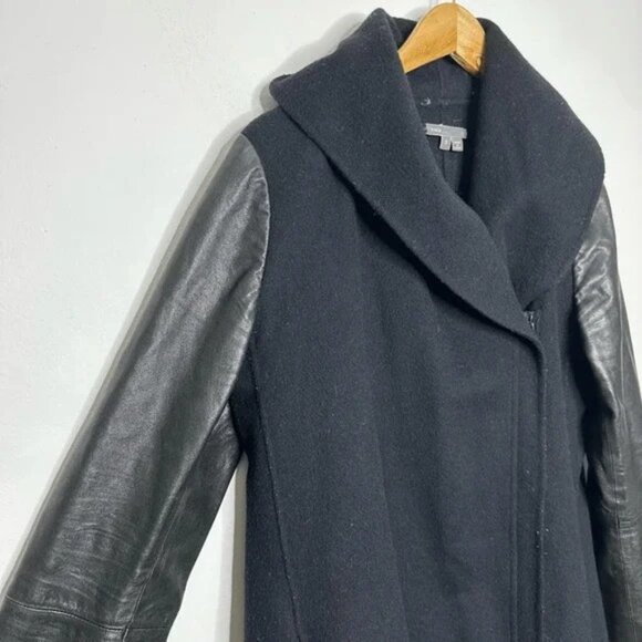 Vince Black Leather-Sleeve Shawl Collar Wool Coat, M - Picture 5 of 6